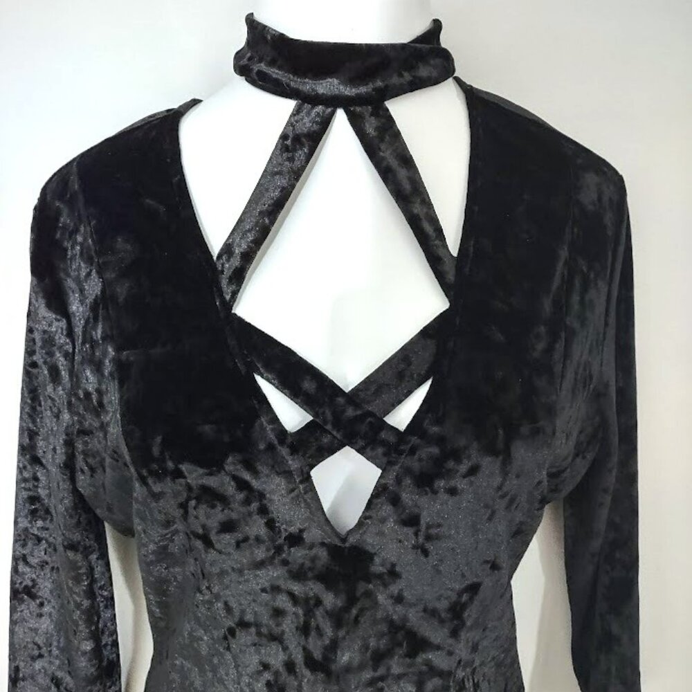 Vintage K+Glam 90s Y2K Black Crushed Velvet Goth Dress 1X - Picture 6 of 13
